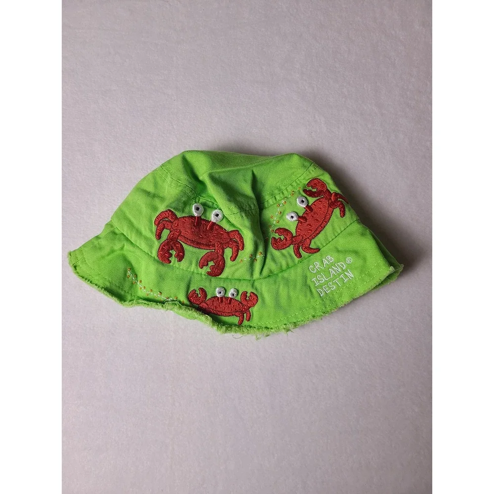 VTG Baby Tees Bucket Hat Lime Green Crab Island Destin Fray Brim Beach Vacation